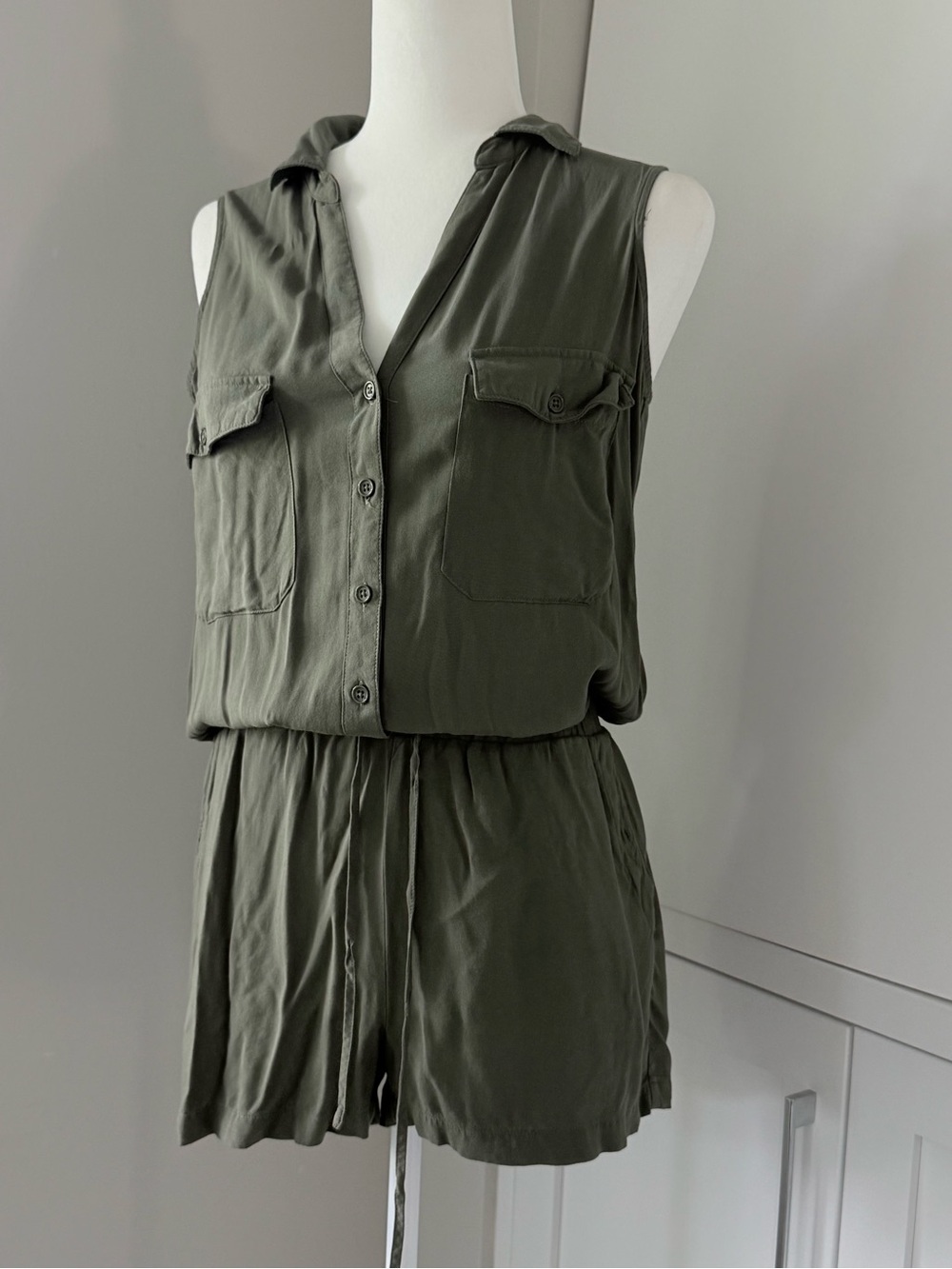 Sleeveless Olive Green Utility Romper with Drawstring Waist